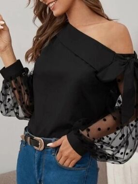 Black Asymmetrical Boatneck Top Sheer Polka Dot Puff Sleeves Womens Medium